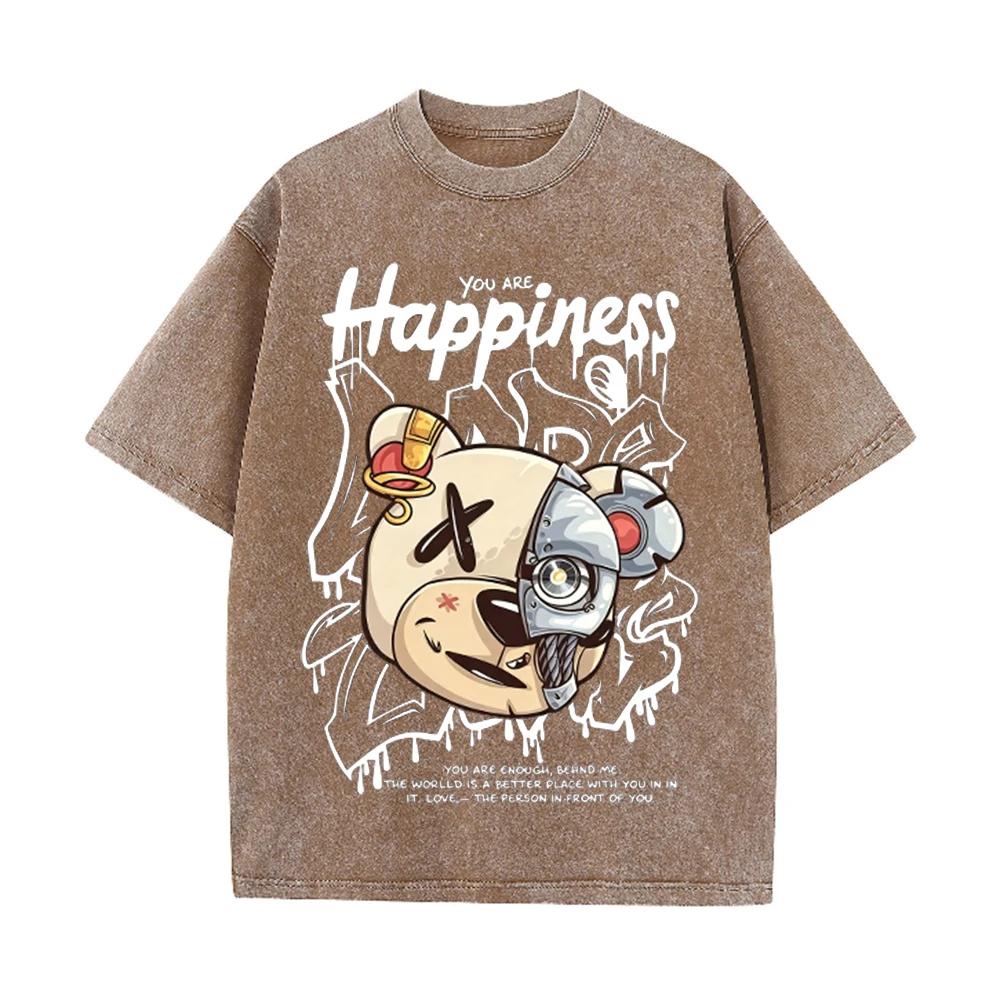 2026 Vintage Washed Beige Mechanical Bear Happiness Letter Graphic T Shirt Street Graffiti Print Oversized Casual Short Sleeve T