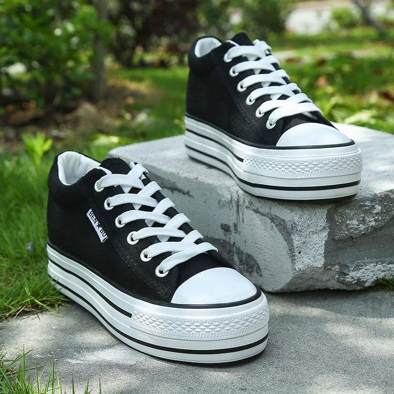 Inner heightening canvas shoes cloth shoes muffin thick-soled street shot board shoes lace-up spring