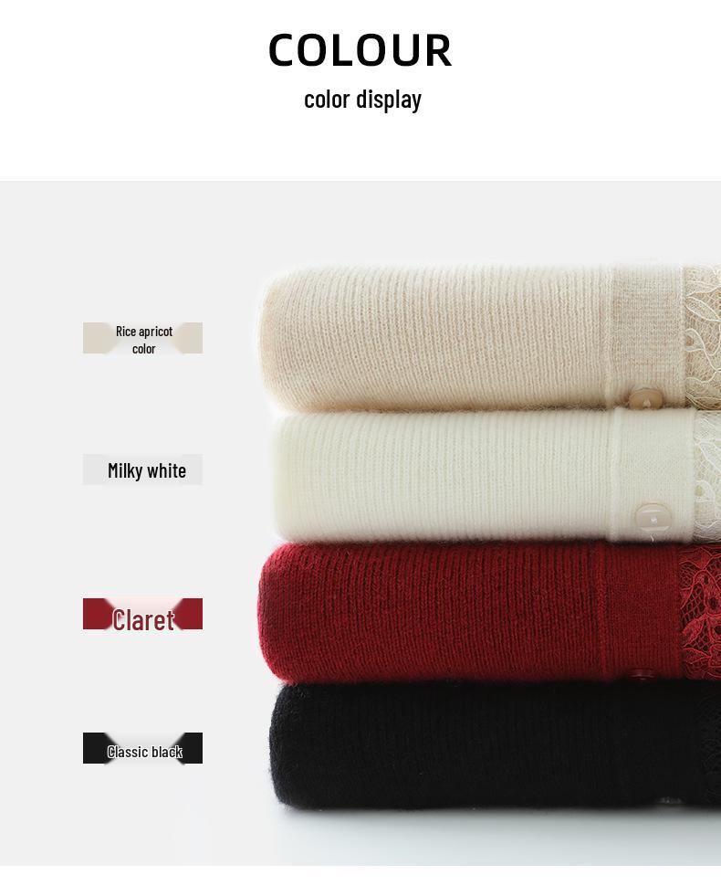 Women's V-Neck Lace Trim Cashmere Cardigan - Long Sleeve Knit Sweater for Autumn and Winter