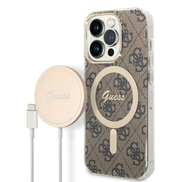 Guess GUBPP14XH4EACSW Hülle+Ladegerät Set iPhone 14 Pro Max 6,7" braun/braun Hartschale 4G Print MagSafe