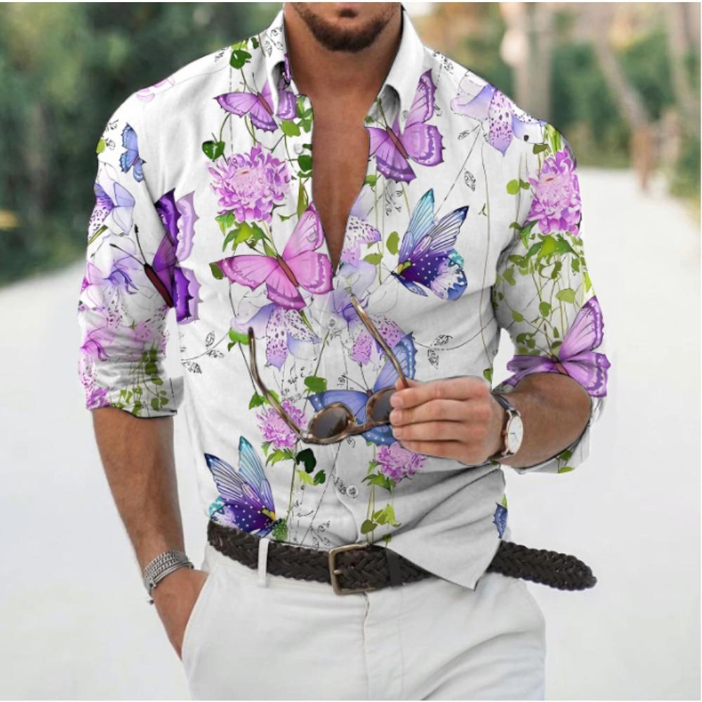 Men's Floral Printed Long Sleeve Shirts Casual Cardigan New Button Holiday Fashion Shirts