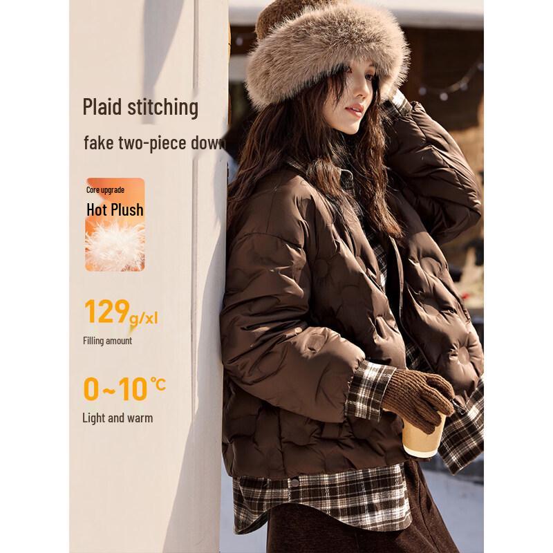 XWI Women s Plaid Patchwork Faux Two-Piece Down Jacket 2XL