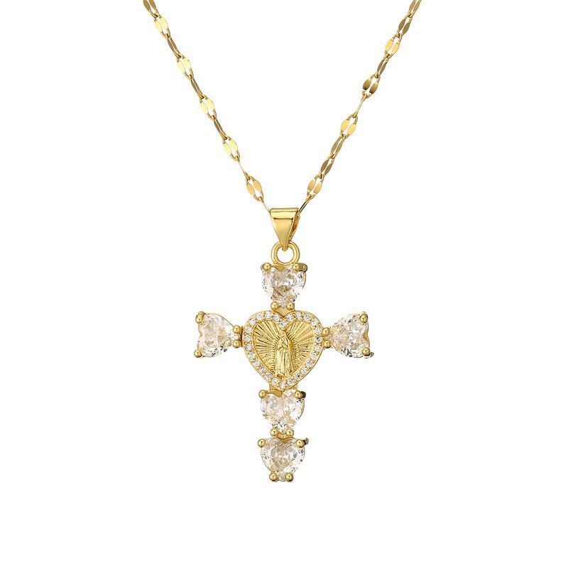 Gold-Plated Multi-Color Zirconia Cross Necklace with Full Diamond Design