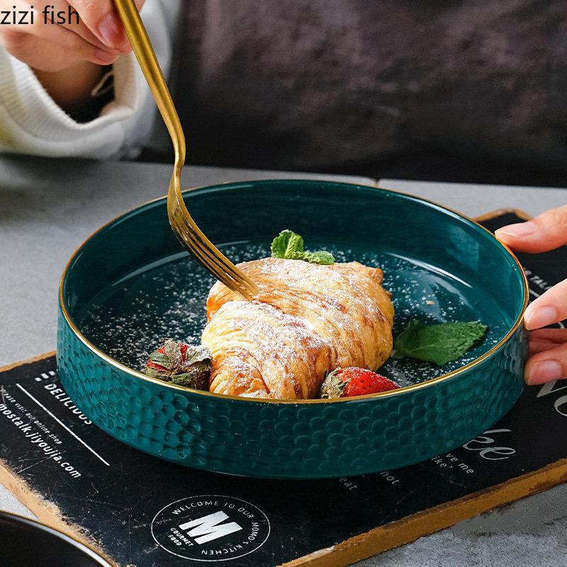 Gold-plated Ceramic Bowl Household Soup Bowl Salad Bowl Dessert Bowls Snack Bowls Restaurant Circular Solid Color Tableware