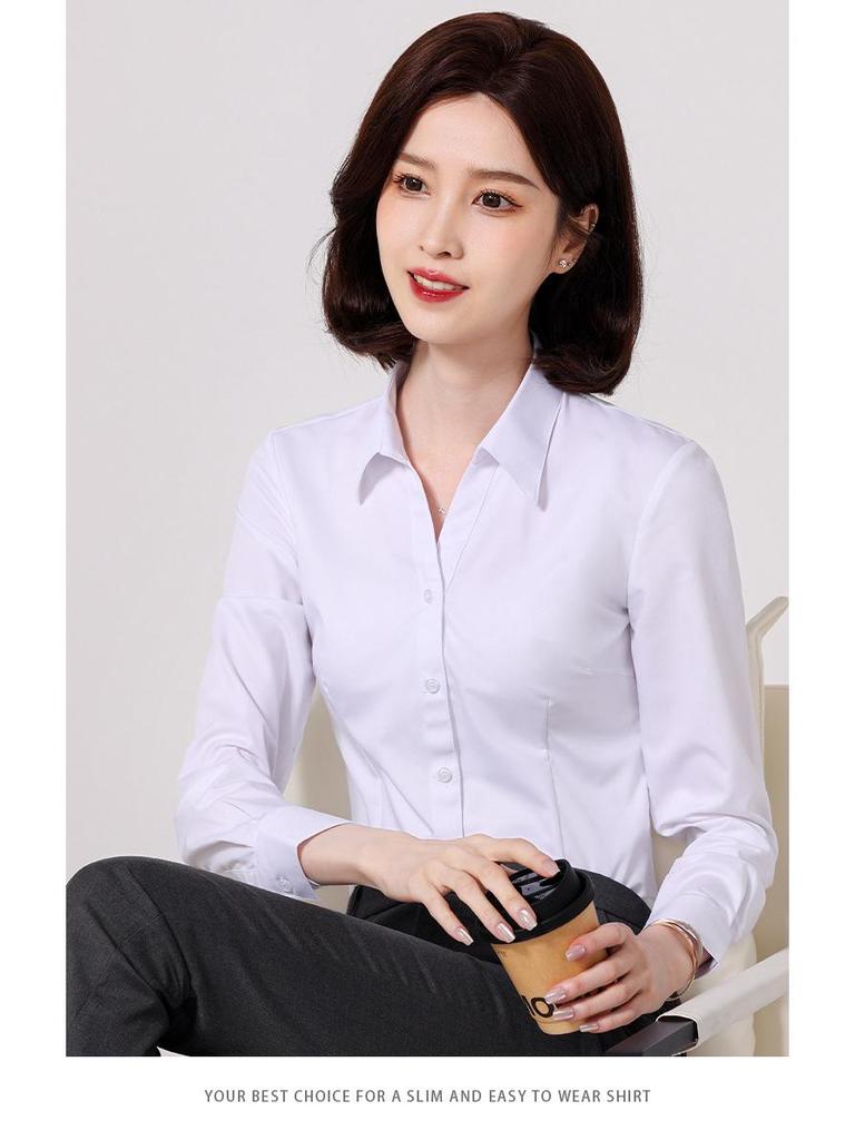 Women's Slim Fit Long Sleeve Bamboo Fiber Anti-Wrinkle White Shirt for Business or Casual Wear