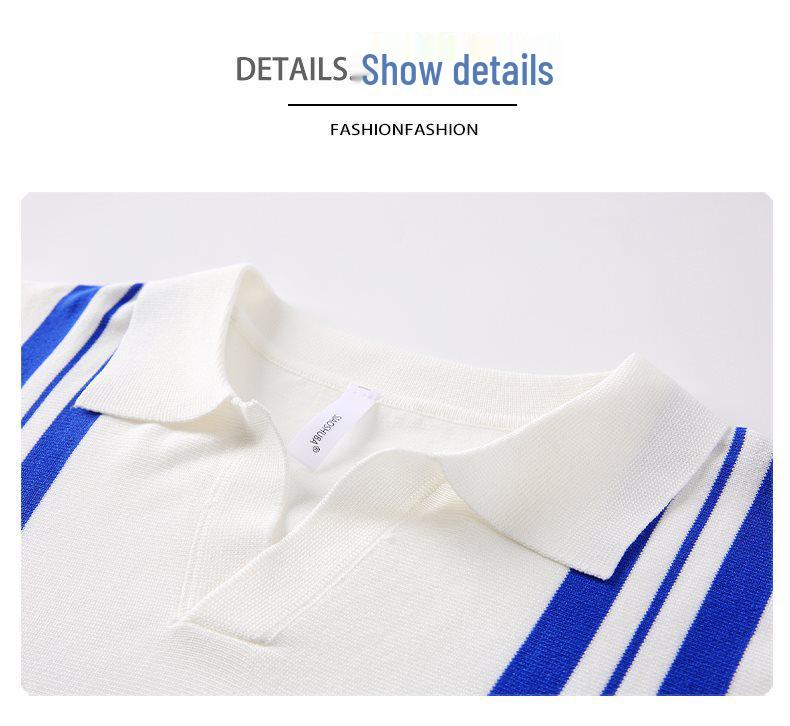 Men's Striped Patchwork Polo Collar Short Sleeve Knit Hoodie Top