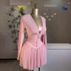 Women's V Neck Long Sleeve Mini Dress Slim Fit Mid Waist Elegant Pleated Knit Short Dress For European American Women
