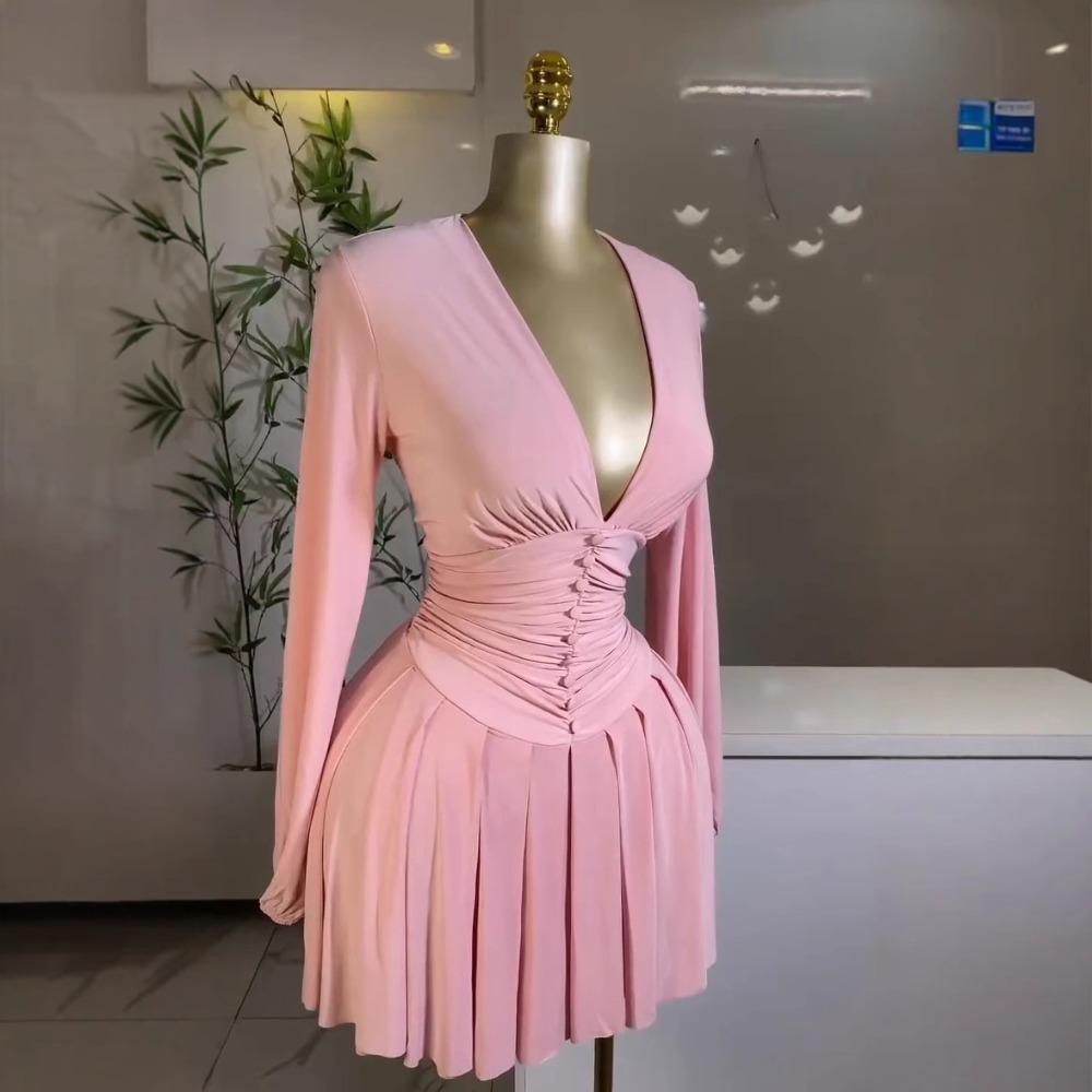 Women's V Neck Long Sleeve Mini Dress Slim Fit Mid Waist Elegant Pleated Knit Short Dress For European American Women