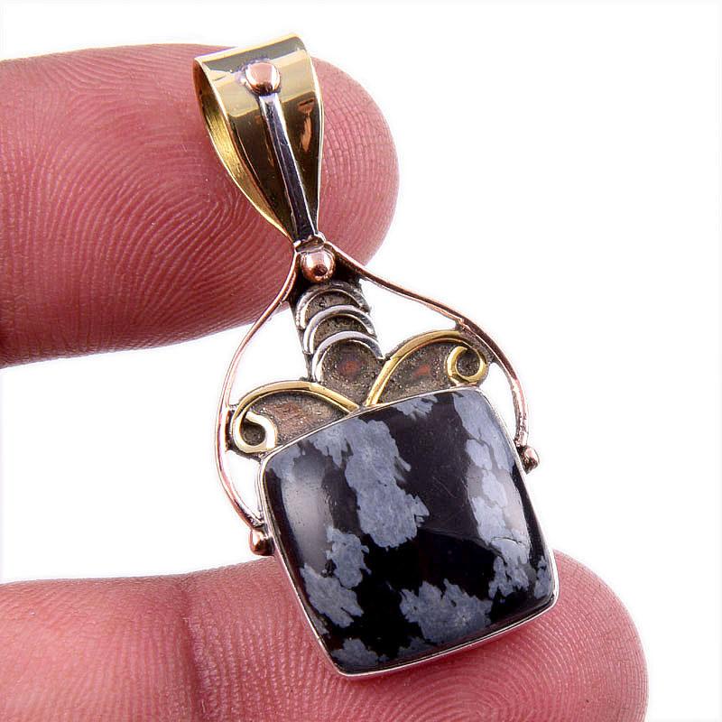 

Natural Snowflake Obsidian Gemstone 925 Solid Silver Two Tone Pendant 1.75 f7A32