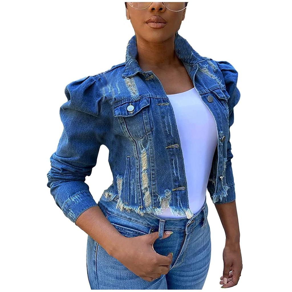 Fashion Women's Solid Button Wear Out Long Puff Sleeve Denim Jacket Coat