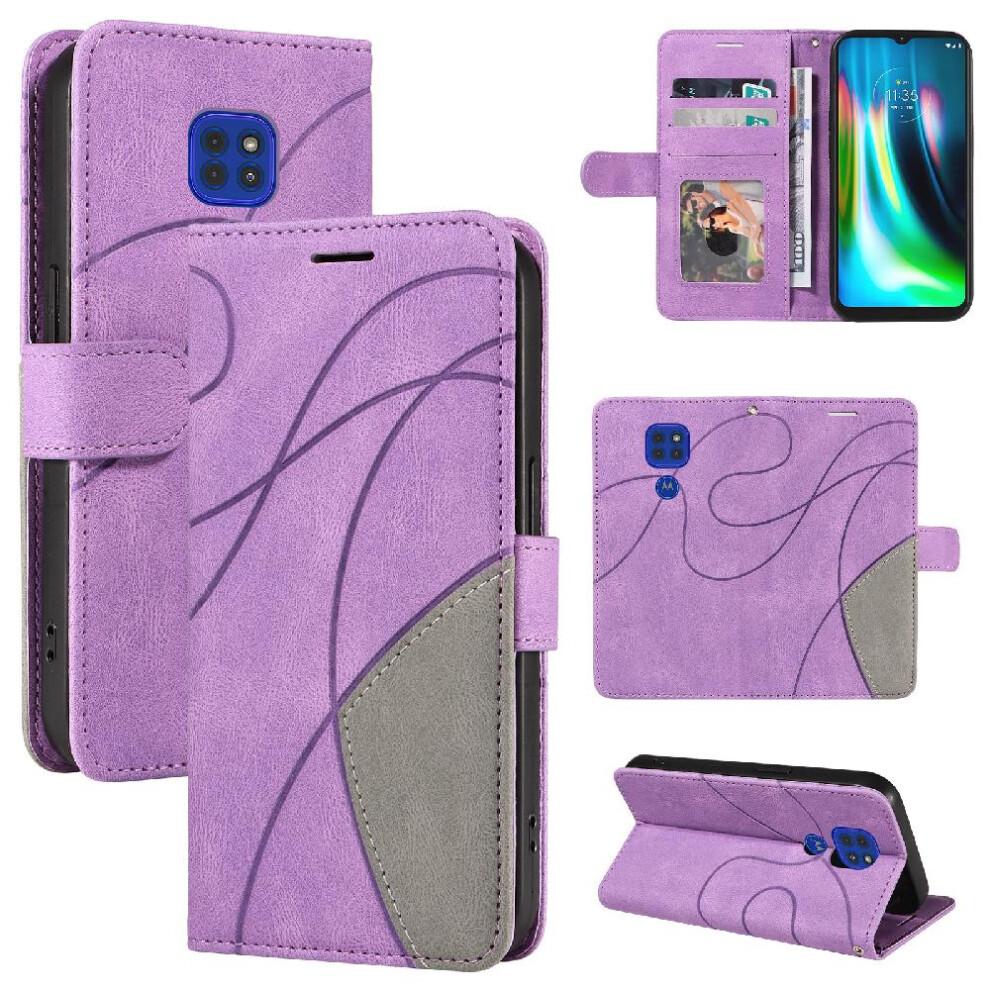 (Purple) Case For Motorola MOTO G9 Play Kickstand Protective Two-color Stitching With Card Slot Stand PU Leather Flip Folio Case