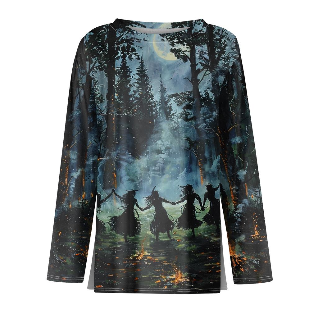 Women's Halloween Print Long Sleeve Top with Side Slit Hem, Round Neck