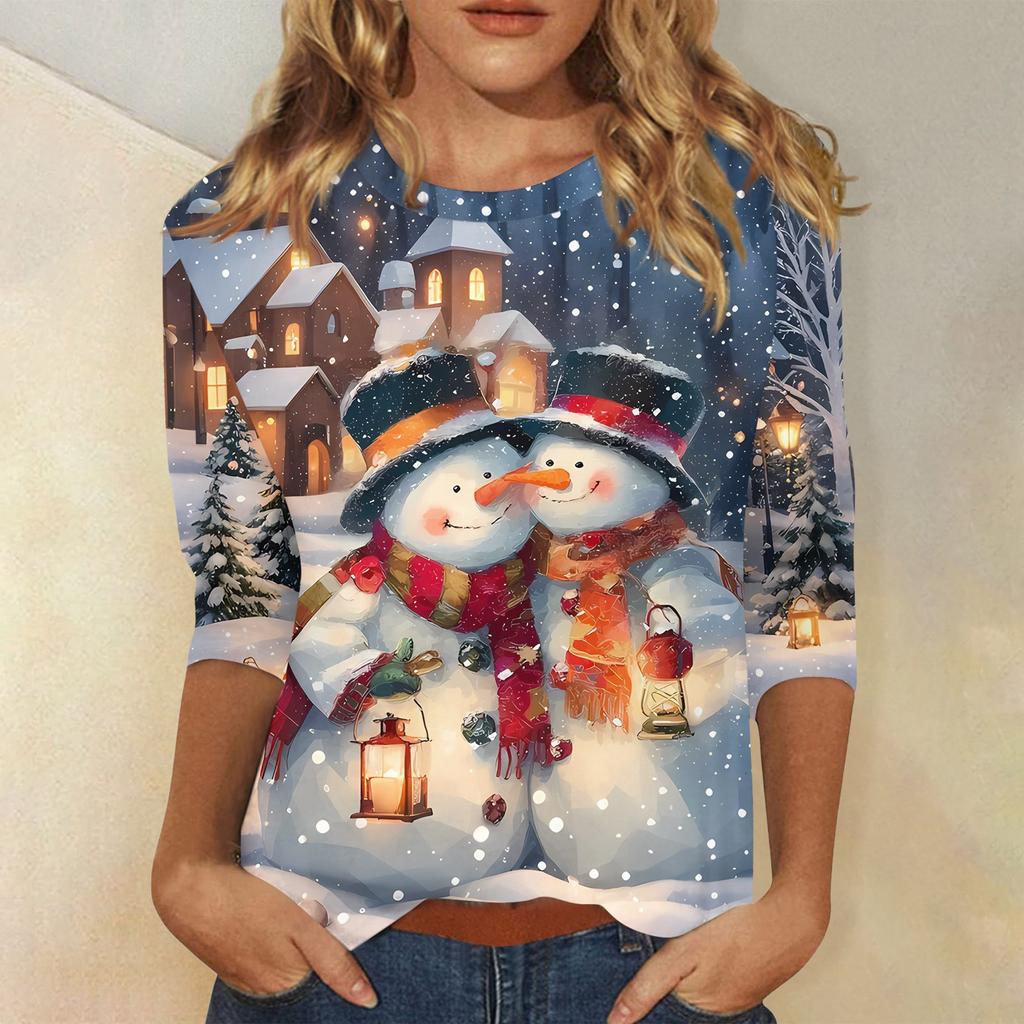 Women's Fashionable Casual Three Quarter Sleeve Christmas Printed Collar Pullover Top