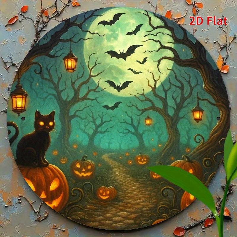 D Flat D flat printing vintage round iron sign Haunted forest with pumpkin cat suitable for bedroom dining room