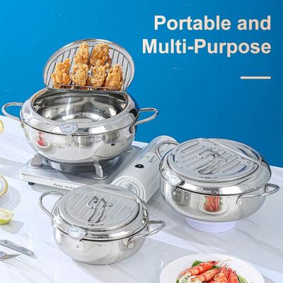 Stainless Steel Deep Fryer Pot with Lid Japanese Deep Frying Pan Temperature Control Thermometer Oil Drainer Rack for Kitchen Home Use