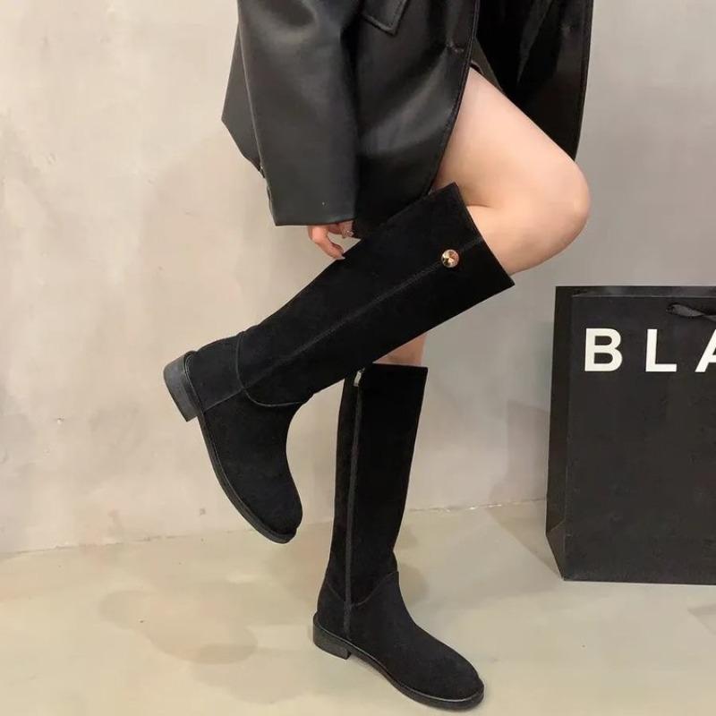 Fashion AJGS Winter Casual Women's Mid-calf Boots Slip-On Square Heel Shoes Large Size Low Heel Side Zipper Knee-High Women's Boots