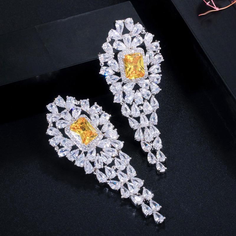 CMM Marke Frauen Partei Schmuck Weiß Gold Farbe Luxus Quadrat Gelb Lange Tropfen Ohrring mit Zirkon