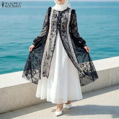 Damen Elegant Lässig Rundhals Langarm Locker Durchsichtig Spitze Strickjacke Bluse