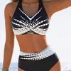 Women's Black White Geometric Halter Bikini Set Wrap Front High Waist Two Piece Swimsuit