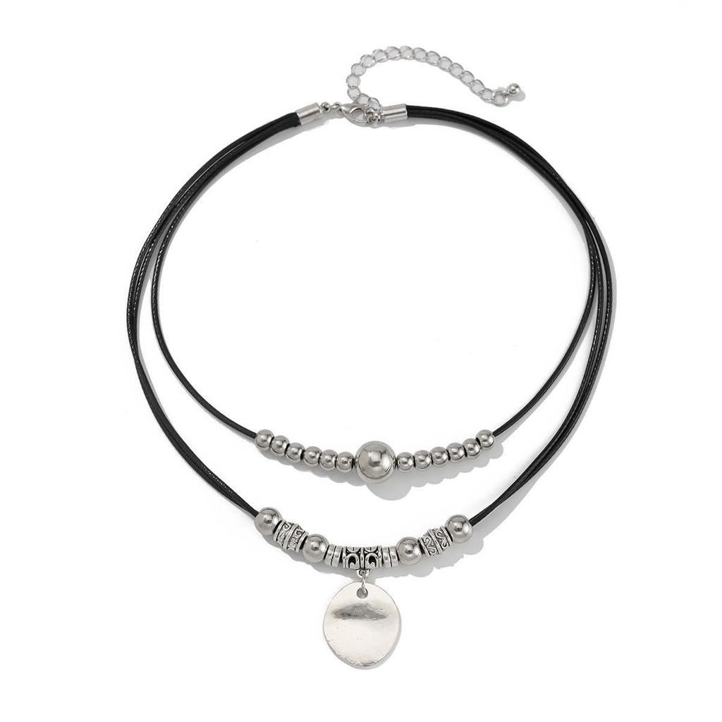 Retro Leather Wax Line Disc Pendant Clavicle Chain Necklace with Metallic Beads