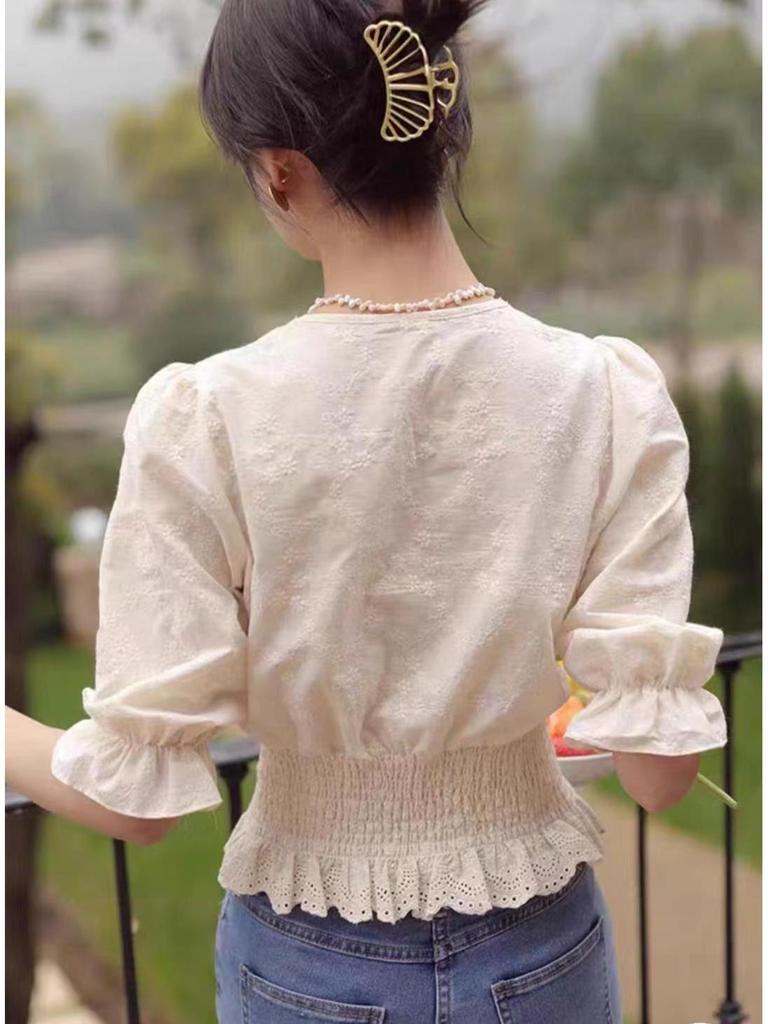 Women's Summer 3D Floral Puff Sleeve Top