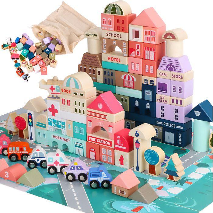 Kinderplay 115 pcs Cubes Bois Ville &amp; Route – Jeu Construction Éducatif dès 2 Ans – Green Series KP8464