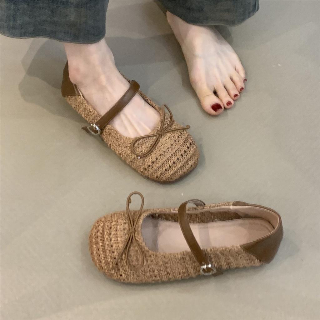 Chaussures Mary Jane simples à un mot français automne 2025 nouvelles chaussures plates tissées à bout rond avec nœud semelles souples