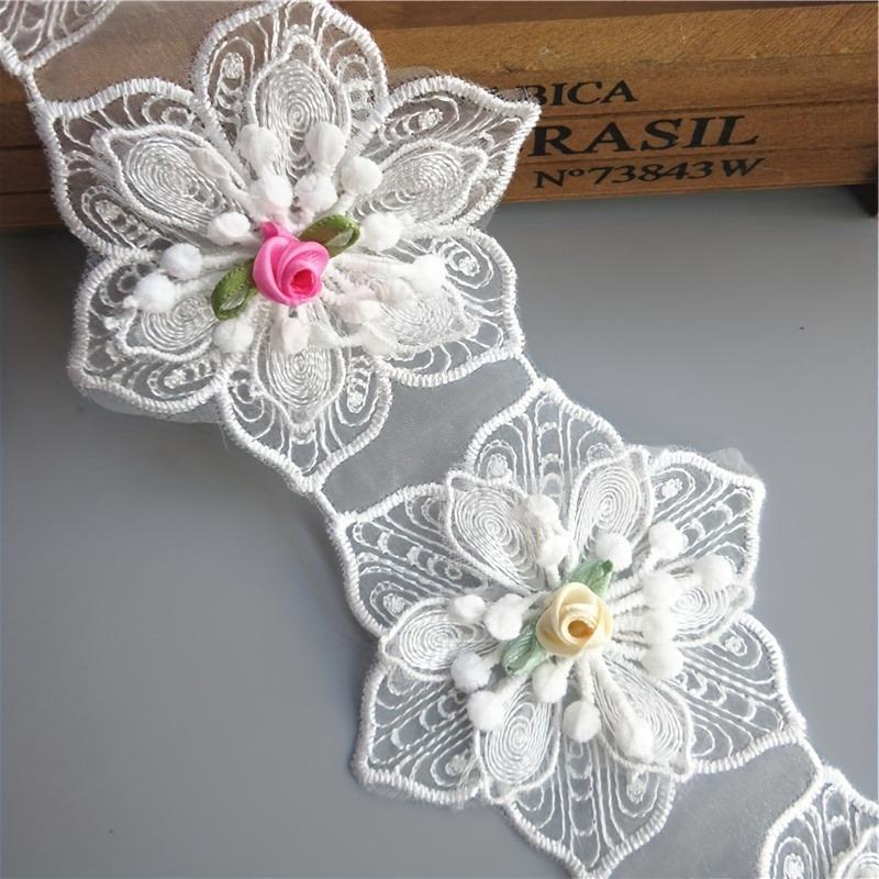 1 Yard (About 13 Flowers) White Cotton Hexagonal Flower Embroidered Lace Trim Ribbon, Polyester Sewing Supplies for Diy Crafts and Costume Decorations