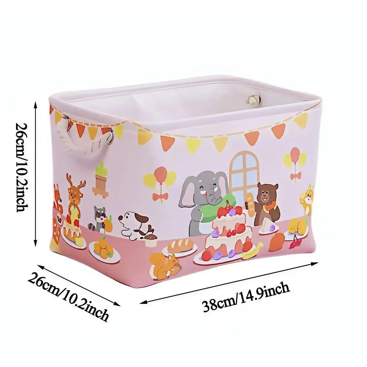 Foldable Cartoon Canvas Storage Basket Rectangular Sundries Storage Container with Handle for Home Bedroom Closet Storage Basket