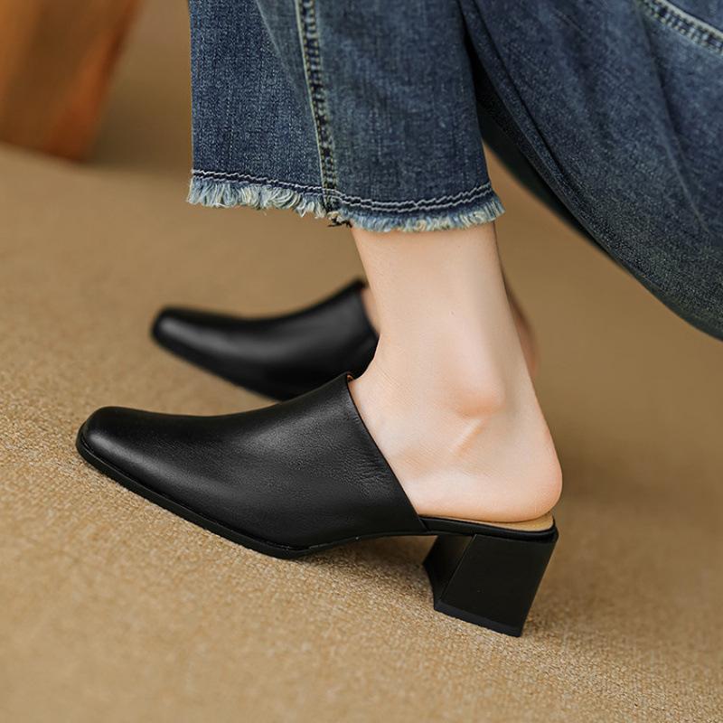 Summer Comfortable Bag Head Slippers Casual Solid Color New High-heeled Slippers Women's Beef Tendon Soft Bottom Soft Leather Cool Slippers