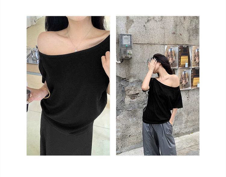 2026 Summer Plus Size Women's One-Shoulder T-Shirt - Slimming, Tummy Concealing, Pure Cotton, Versatile Casual Top