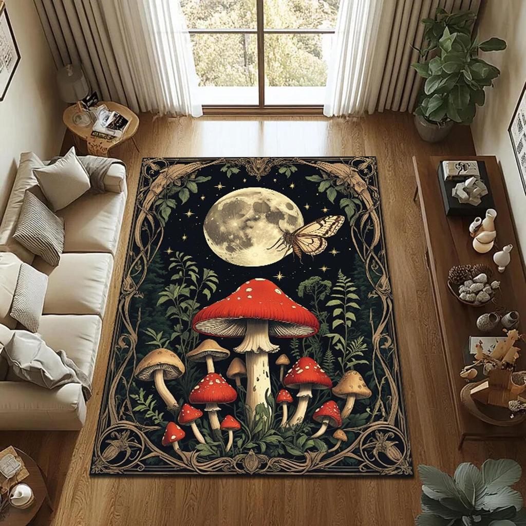 Mystical Mushroom Rug,Full Moon Forest Carpet, Gothic Nature Decor with Butterfly & Red Toadstools, Fairycore Living Room Mat