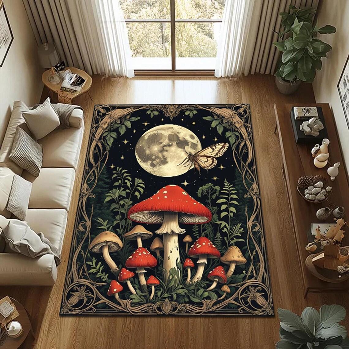 

Mystical Mushroom Rug,Full Moon Forest Carpet, Gothic Nature Decor with Butterfly & Red Toadstools, Fairycore Living Room Mat 40x60CM
