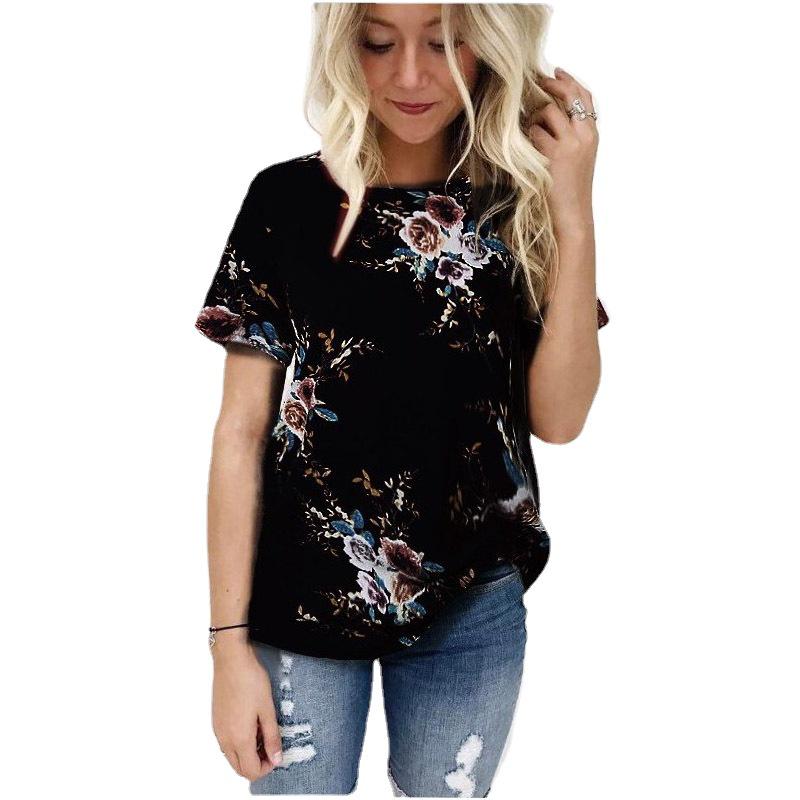Available: Spring/Summer 2026 Women's Casual Chiffon Short Sleeve Round Neck Printed Top - 7 Colors, 6 Sizes