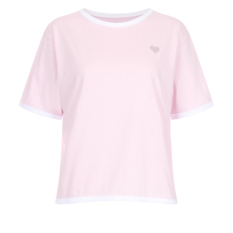 Shop   Women Color Block Round Neck HearT Embroidery Washing ShorT Sleeve T Shir