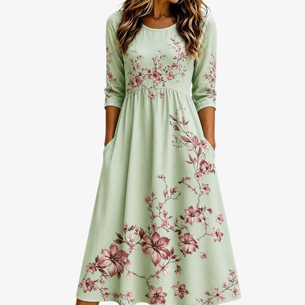 Spring and Summer 2026 New Round Neck 7-point Sleeve Casual Loose Long Printed Dress - Bamboo Hemp
