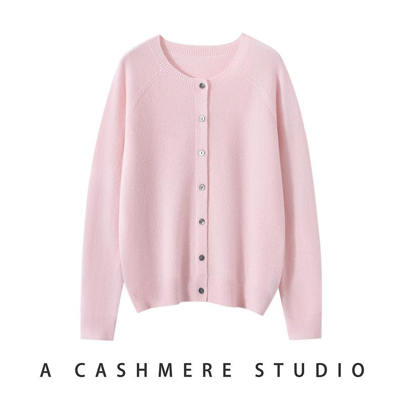 Women's 100% Pure Cashmere Round Neck Cardigan - Autumn/Winter, Loose Fit, Solid Color, Cozy Knit Sweater.