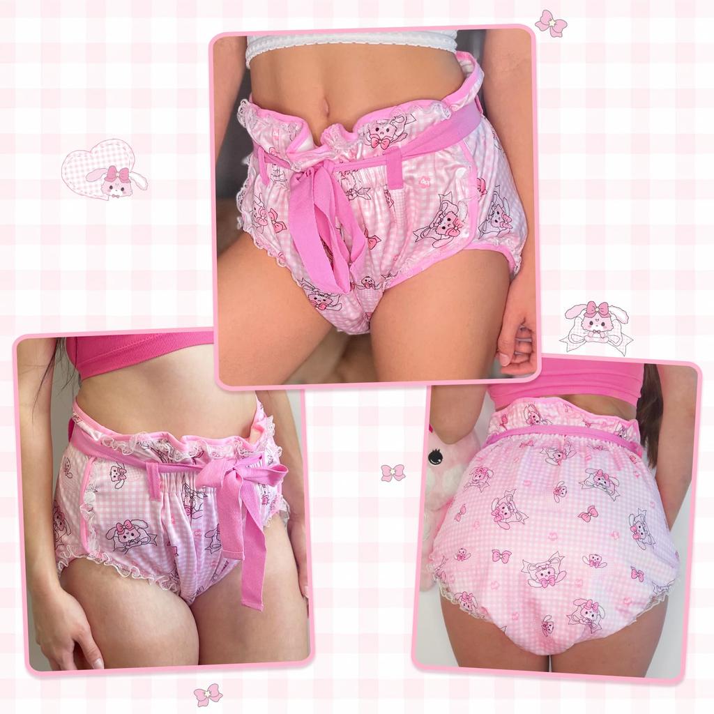 [LittleForBig] Adult Cloth Diaper Cover [Rabbit and Ribbon] Adjustable Waist 3-Layer Breathable, Waterproof, Leak-Proof Machine Washable Pink L