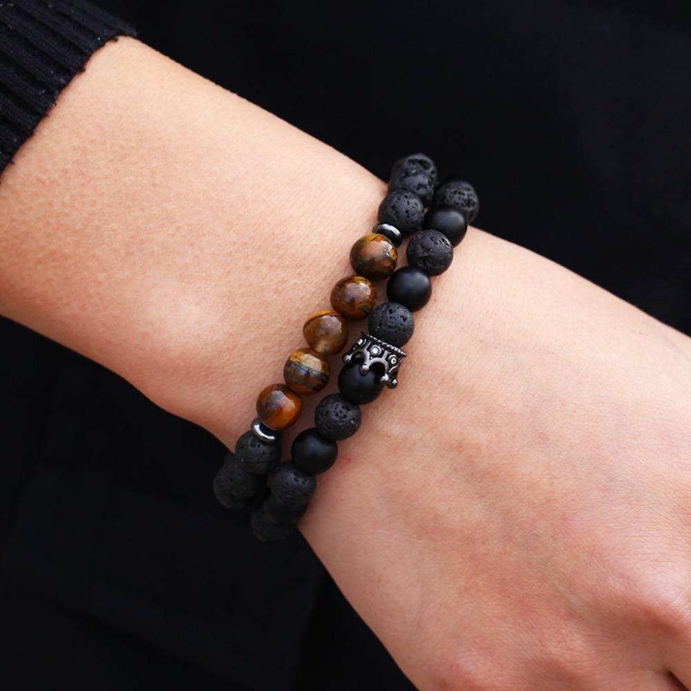 Black Matte Copper Inlaid Zirconium Diamond Ball Flying Saucer Long Bracelet Bracelet Set Wholesale Men's Woven Bracelet