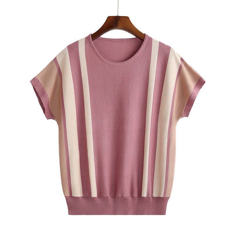 Summer Casual Striped Patchwork T-shirt Women Contrasting Colors Round Neck Commute Short Sleeve Pullovers New