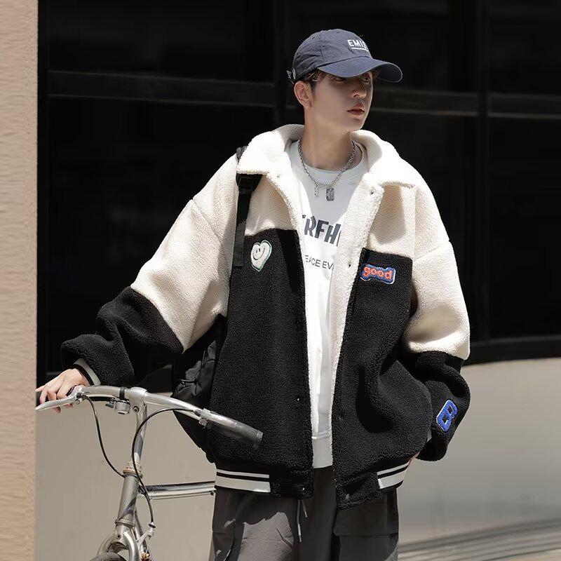 

Men s Embroidered Lamb Wool Coat: Thick, Velvet-Lined, Autumn/Winter, Versatile Loose Fit for Teenagers. Extra Extra Large чёрный