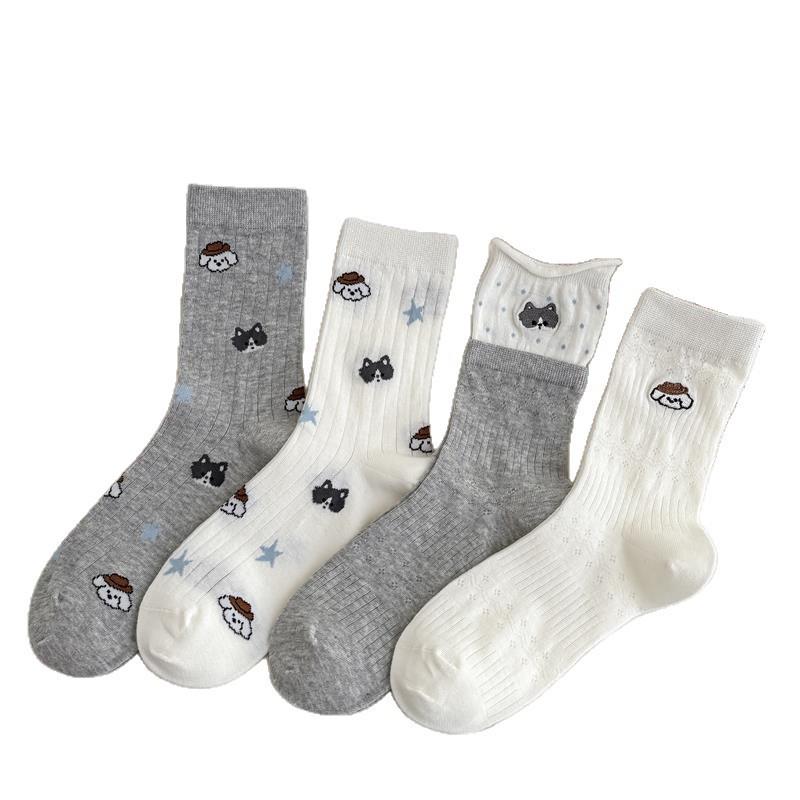 2026 Girls' Trendy Cartoon Mid-Calf Cotton Socks - Seamless, Cute, Puffy White Design