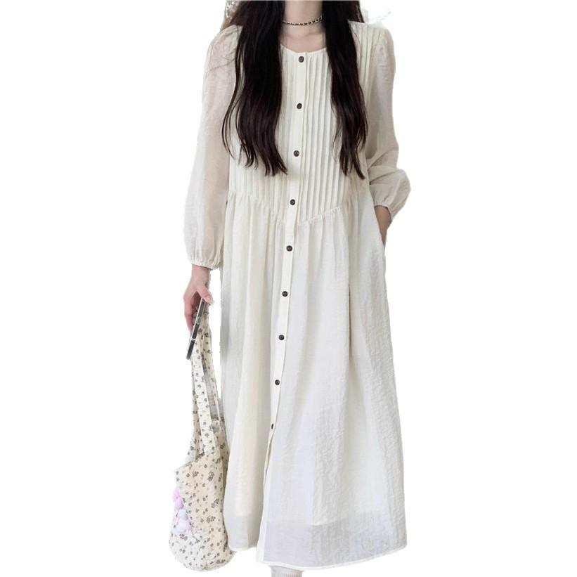 Autumn Dress Pleated Long-sleeved Dress Women's New Design Sense High Waist Loose Long A-shaped Skirt Tide