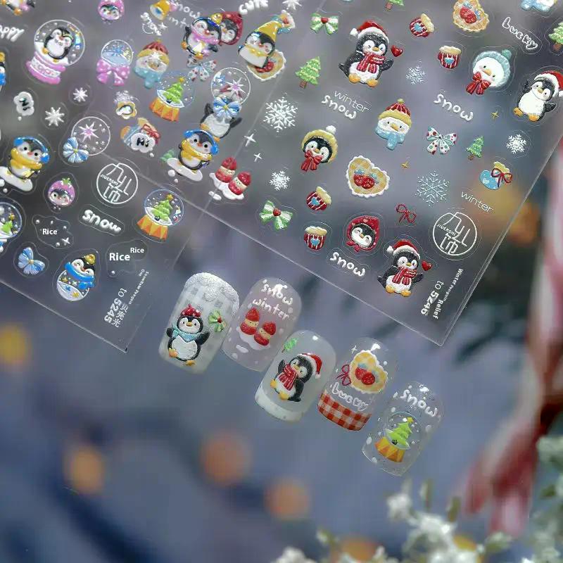 1Sheet Christmas Nail Stickers - Cute Snowflake Penguin Crystal Ball Red Hat Star Bow Lace Decals, Winter Manicure DIY Decor