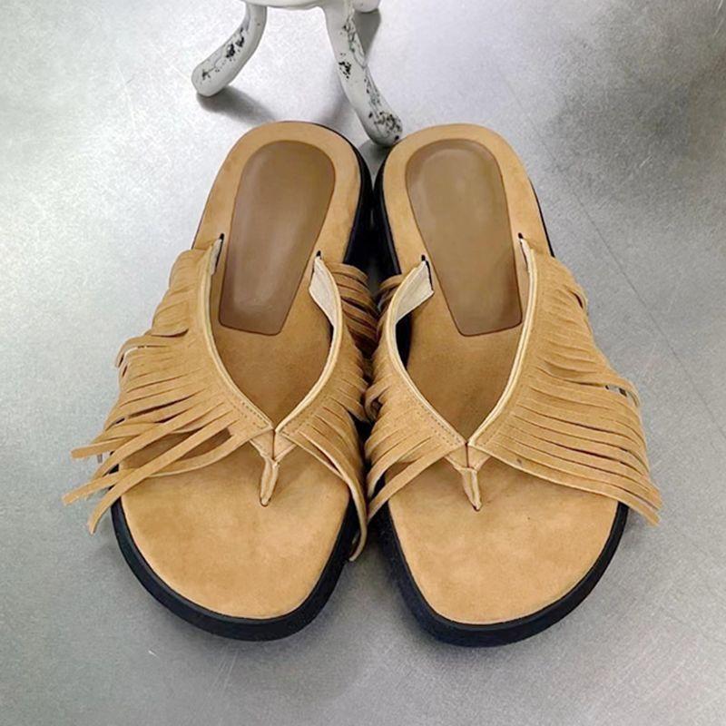 Summer Muller Slippers Women Pig Suede Fringe Modern Slippers Tassel Square Head Lazy Shoes Leisure Slides Flip Flops Sandal