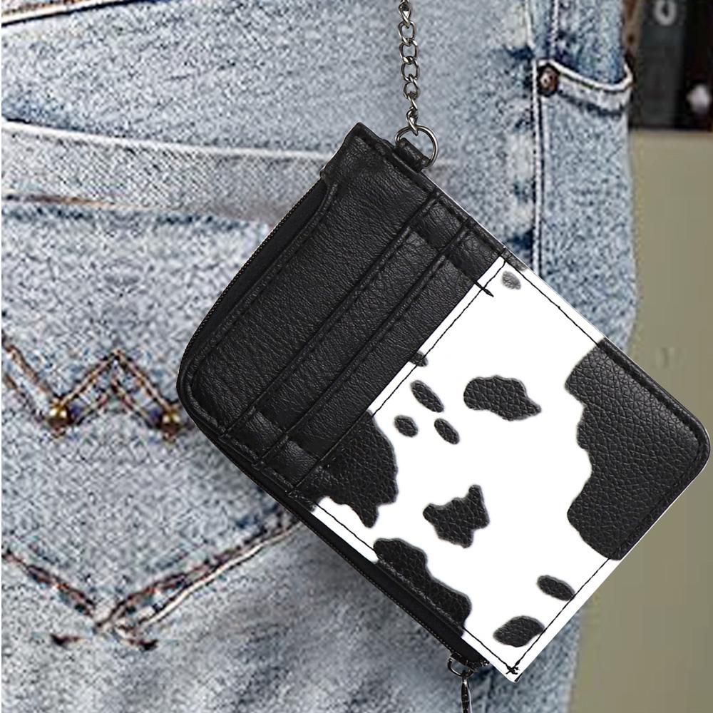 Full Cow Print Women Credit Card Holder Wallet Women Small Cute Keychain Wallet with A Zipper Pocket Thin Slim Minmalist