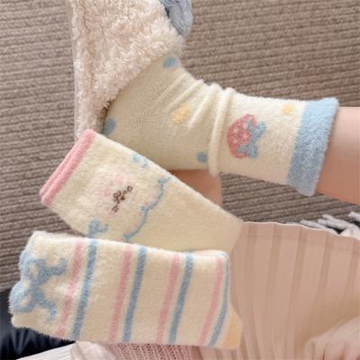 Australische Wollsocken für Mädchen, Niedliche Cartoon-Hasen, Flauschige Wadenlange Socken, Süßer Herbst und Winter, Schleifenstreifen und Warme Socken