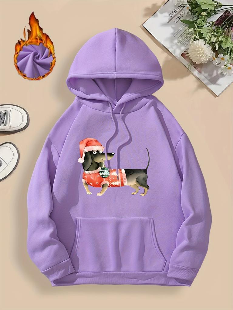 Christmas Dachshund Print Hoodie - Casual Plus Size Pullover with Pockets, Soft Stretch Polyester, Machine Washable