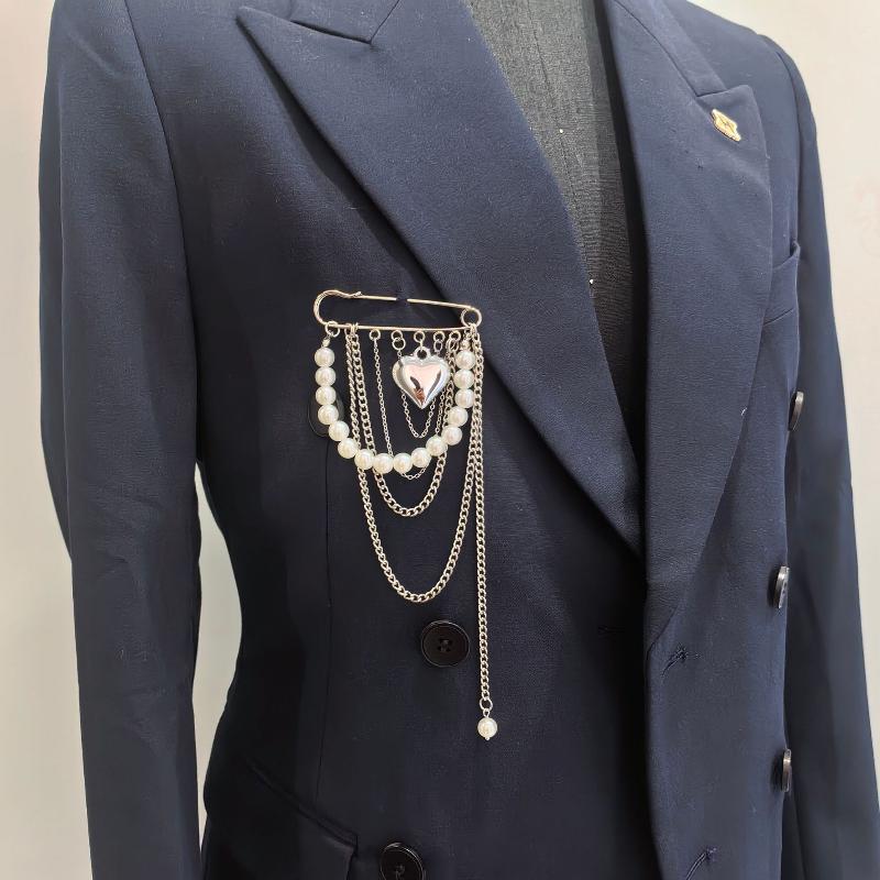 Exaggerate Long Tassel Chain Brooch Heart Imitates Pearls Multi-Layer Chain Multi Functional Fixed Pin Pants Clothes Decoration