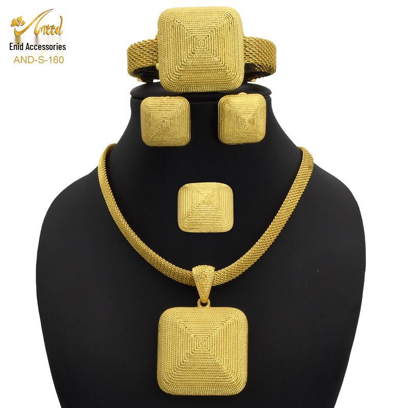 24K Dubai Gold Bridal Jewelry Set: Necklace, Bracelet, Earrings, Ring for African Women